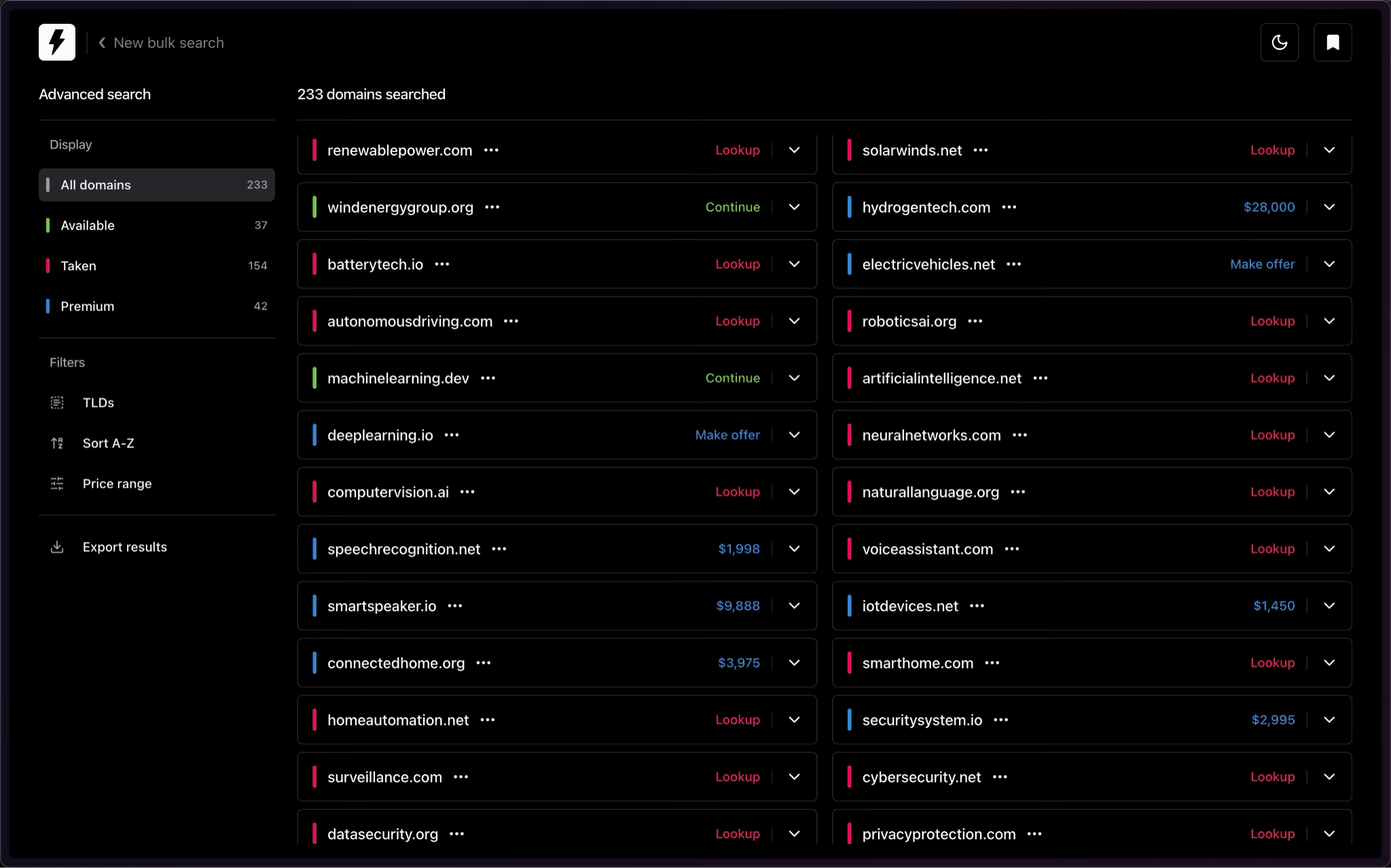 Bulk Domain Search Results Interface